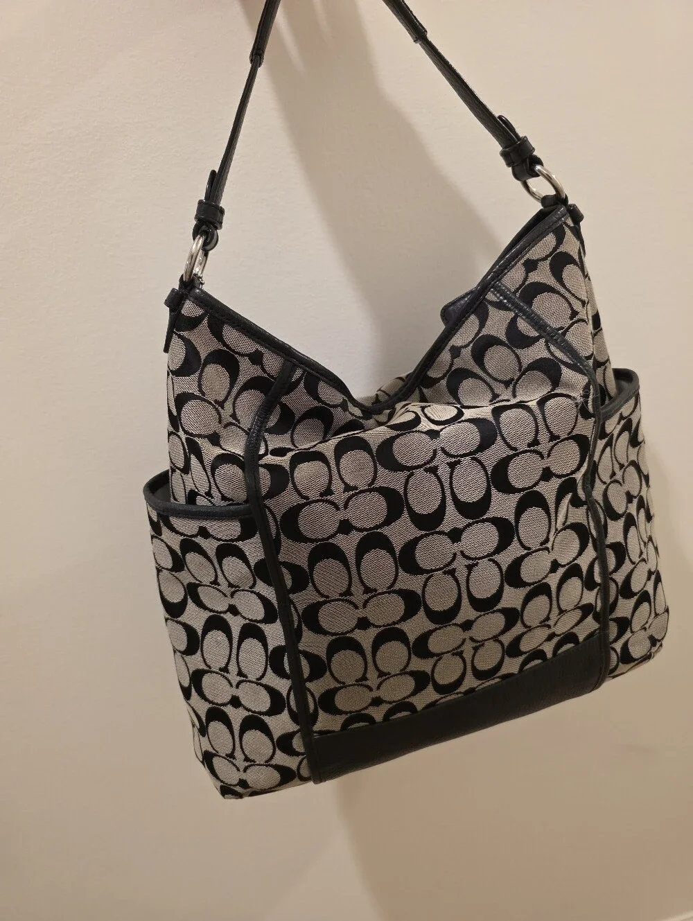 Coach Park Signature Hobo Bag Canvas Monogram With Leather Detailing Black White